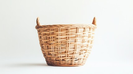 Obraz premium Wicker storage basket positioned on a clean white background, showcasing its texture and craftsmanship, home decor, organization, minimalism, rustic style.