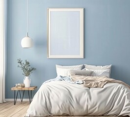 A minimalist bedroom with a light blue wall. white bedding. and a framed picture