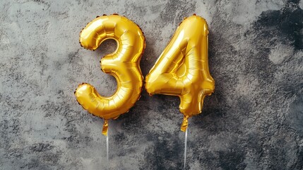 Golden foil number balloons 34 on textured concrete background perfect for birthday anniversary celebration greeting card design