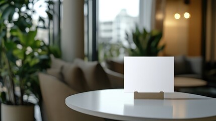 Empty white card on a round table in a modern hotel interior with plants and soft seating creating a tranquil atmosphere for messages.