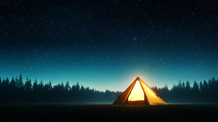 cozy camping tent glows warmly under starry night sky