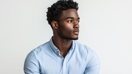 Fototapeta premium Young man in a light blue shirt posing thoughtfully against a clean white background for portrait and lifestyle imagery