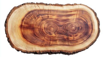 Wooden tree trunk cross-section with natural grain patterns and texture isolated on white background for design and decoration purposes