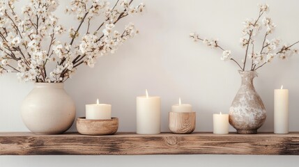 Neutral colored vases with white flowers and various burned candles arranged on a rustic wooden shelf against a shabby white wall, home decor, minimalistic aesthetic, tranquility, interior styling.