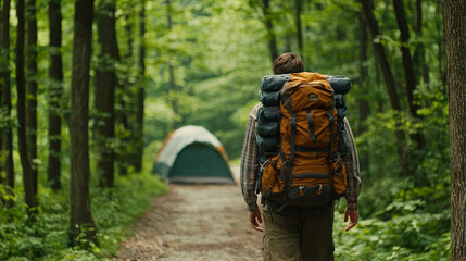 solitary figure with heavily packed backpack in lush forest