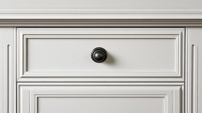Close up of white kitchen cabinet door featuring metal knob highlighting modern cabinetry design and elegant interior decor craftsmanship