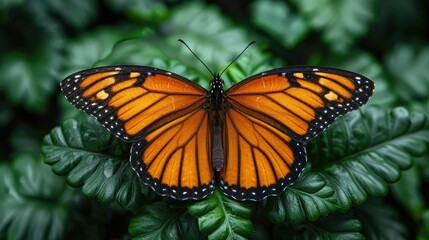 Obraz premium Monarch butterfly with open wings on green foliage.