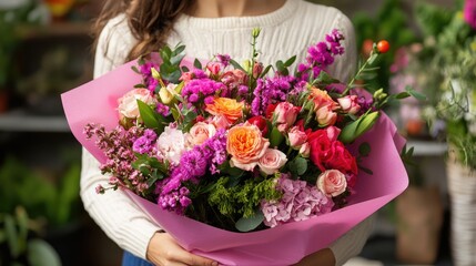 Young woman presenting a vibrant bouquet of mixed fresh flowers elegantly wrapped in pink paper indoors.