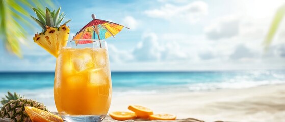 Obraz premium Showcase a vibrant real-life photograph of a refreshing rum punch cocktail served in a tall glass, adorned with tropical fruits like pineapple and orange slices, and a colorful paper umbrella