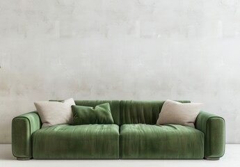 A green velvet sofa with two beige pillows sits in front of a light gray concrete wall