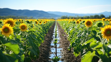 Center pivot irrigation system in a vibrant sunflower field under clear blue skies with mountains in the background.