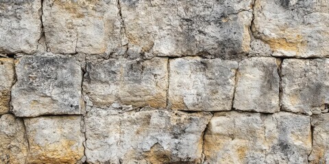 A textured stone wall with a mix of grey and yellow tones, showcasing weathering and age.