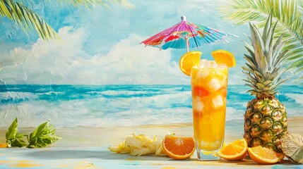 Obraz premium Showcase a vibrant real-life photograph of a refreshing rum punch cocktail served in a tall glass, adorned with tropical fruits like pineapple and orange slices, and a colorful paper umbrella
