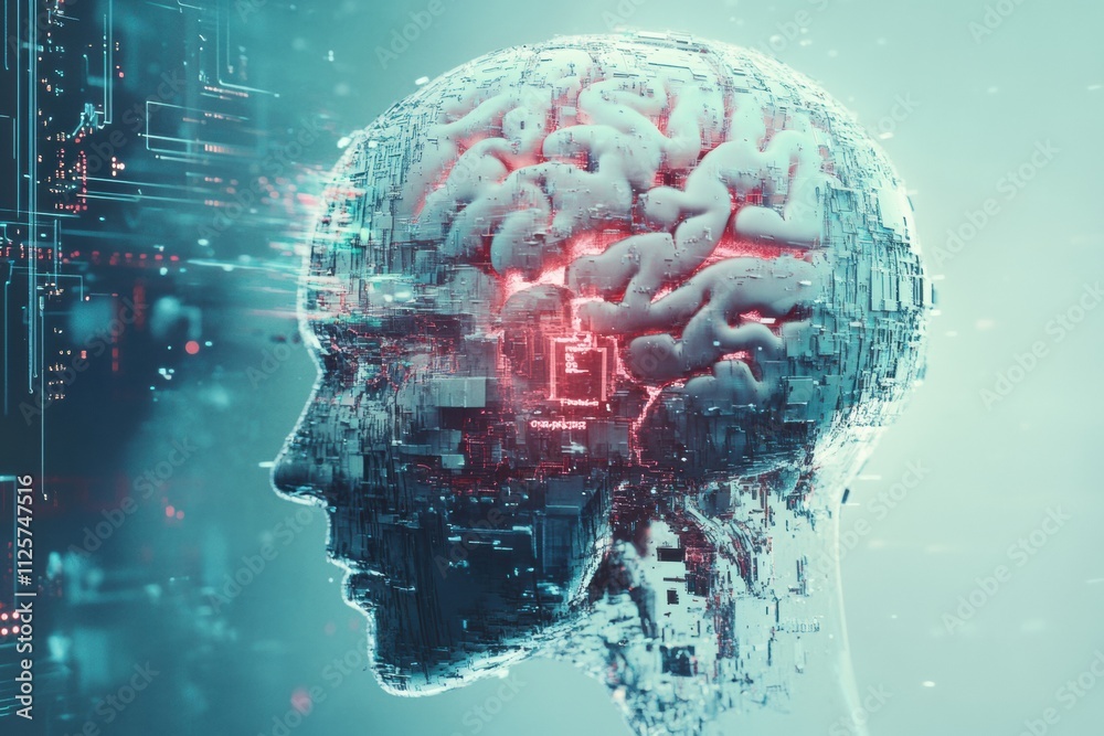 Aufkleber A digital brain merges seamlessly with AI elements featuring circuits, chips, and holographic projections in a futuristic setting. Generative AI
