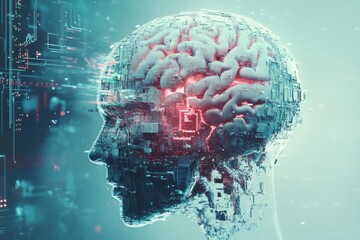A digital brain merges seamlessly with AI elements featuring circuits, chips, and holographic projections in a futuristic setting. Generative AI