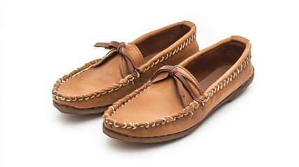 Leather women's moccasin shoes with intricate stitching design, positioned on a clean white background for a minimalist look, fashion, footwear, accessories, casual style.