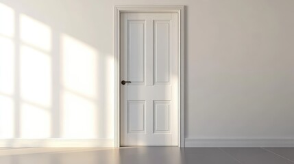 Modern interior with a white entrance door illuminating a spacious apartment environment through natural light.