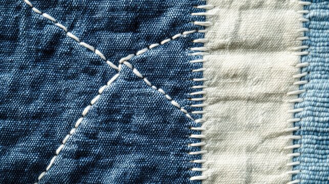 Close-up of white stitching detail on blue denim jeans patch with textured fabric, emphasizing craftsmanship and repair, textile, fashion, durable material.