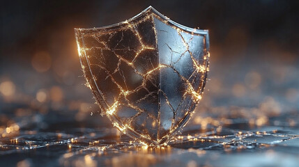 futuristic digital interface displays a shield broken into pie-like segments, symbolizing vulnerability, division, or protection being fragmented. A sleek design with glowing elements enhances the con