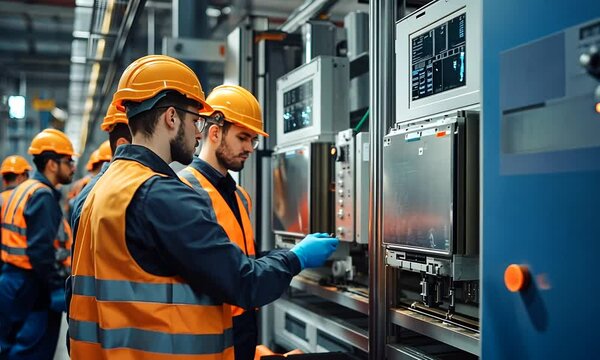 A group of workers in safety gear operates machinery in an industrial setting, focusing on equipment and technology for efficient production.