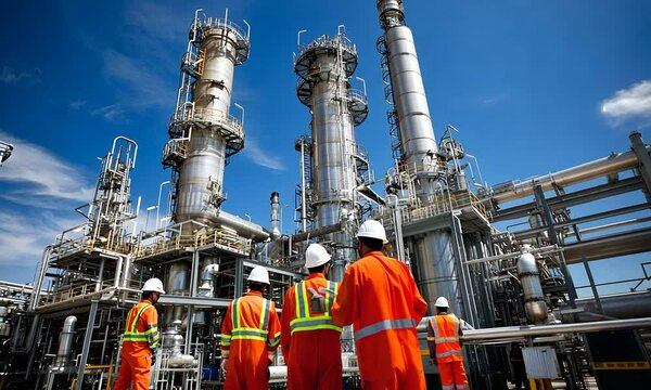 A group of workers in safety gear observes industrial structures at a refinery under a clear blue sky, highlighting the operational environment of the energy sector.