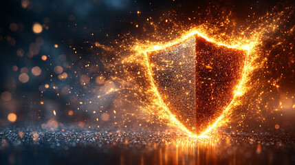 futuristic digital interface displays a shield broken into pie-like segments, symbolizing vulnerability, division, or protection being fragmented. A sleek design with glowing elements enhances the con