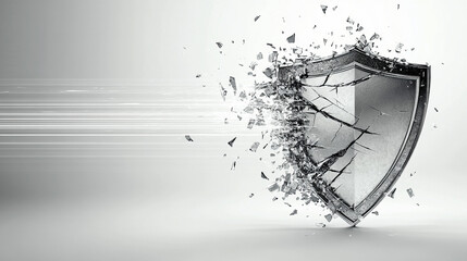 futuristic digital interface displays a shield broken into pie-like segments, symbolizing vulnerability, division, or protection being fragmented. A sleek design with glowing elements enhances the con