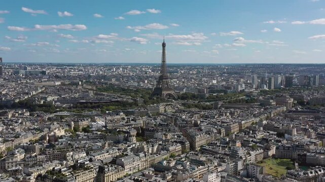 PARIS, FRANCE - OCTOBER 3, 2024: Stunning aerial view of Paris showcasing the Eiffel Tower and historic architecture