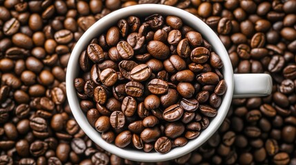 Fototapeta premium Coffee beans filling a white cup atop a textured surface of scattered roasted coffee beans, close-up view, food styling, caffeine, beverage, gourmet coffee.