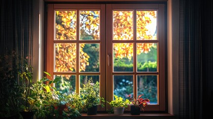Obraz premium Cozy window frame with double glazed panes surrounded by vibrant indoor plants and autumn foliage in a sunny garden view.