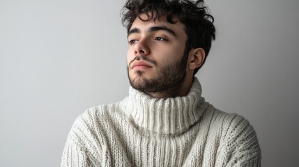 Obraz premium Young man in a cozy sweater reflecting thoughts of coldness against a minimalistic white background in a contemplative pose