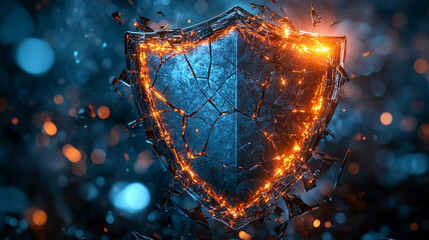 futuristic digital interface displays a shield broken into pie-like segments, symbolizing vulnerability, division, or protection being fragmented. A sleek design with glowing elements enhances the con
