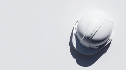 Fototapeta premium White plastic safety helmet isolated on a clean white background, casting a soft shadow, representing workplace safety and protective gear, construction, industrial, isolated object.