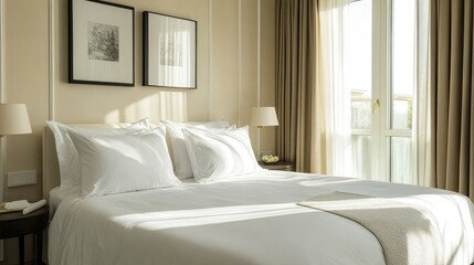 Bright and serene bedroom featuring white pillows and blanket, with elegant bedside tables and lamps illuminating the space