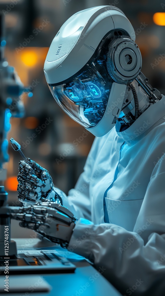 Poster A robotic figure in a lab coat examines a sample under a microscope.