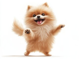 Obraz premium A cheerful Pomeranian dog standing on its hind legs, exuding joy.