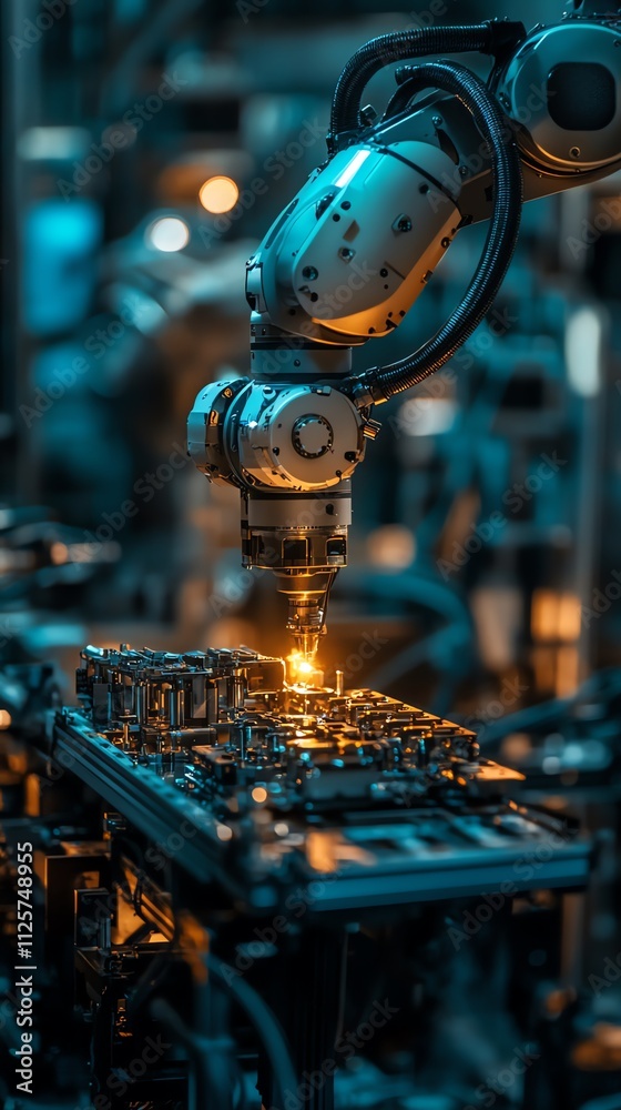 Poster A robotic arm performing precision work on a circuit board in an industrial setting.