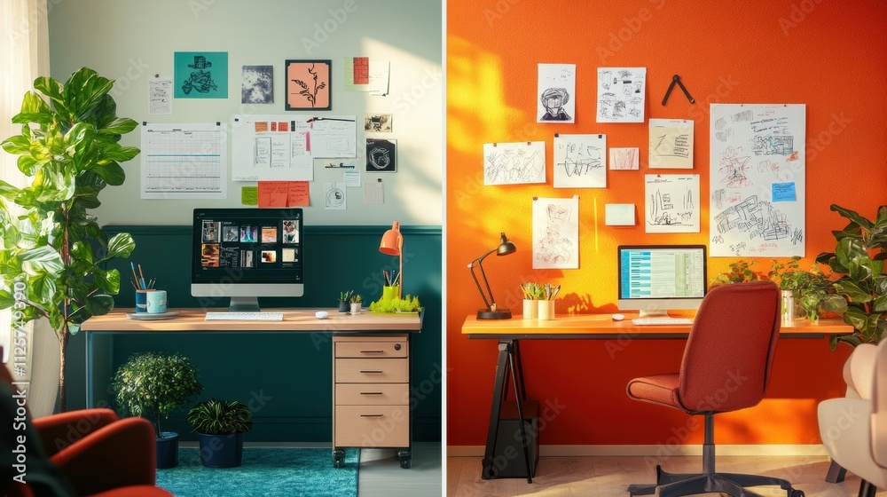 Poster two work environments showcase a minimalist aesthetic and an artistic vibe, featuring bold color con