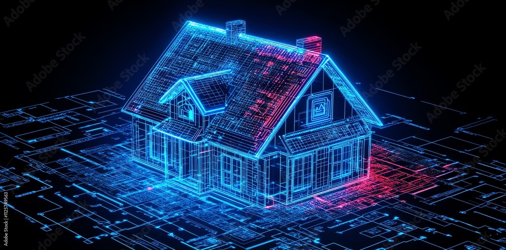 Leinwandbilder a digital representation of a house with a blueprint overlay, showcasing technology in architecture.