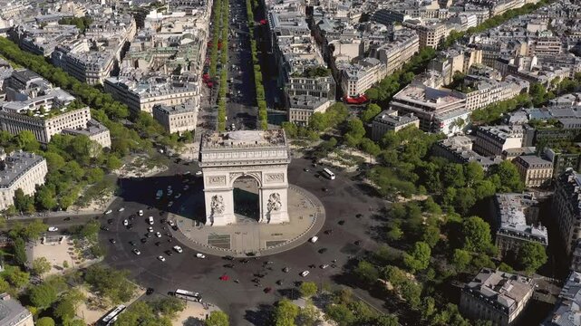 PARIS, FRANCE - OCTOBER 3, 2024: Aerial view of Arc de Triomphe and surrounding boulevards bustling with activity and greenery in Paris