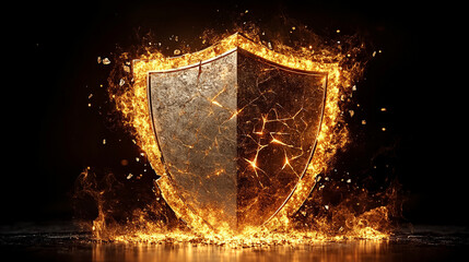 futuristic digital interface displays a shield broken into pie-like segments, symbolizing vulnerability, division, or protection being fragmented. A sleek design with glowing elements enhances the con