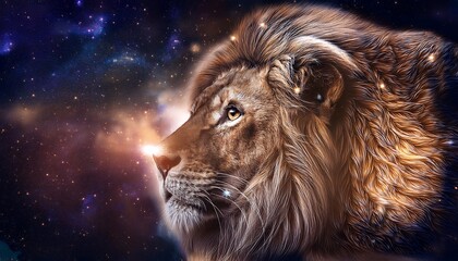 Fototapeta premium A majestic lion's profile is set against a vibrant cosmic nebula. The image evokes a sense of power, serenity, and the wild beauty of nature.