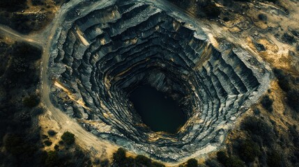 Aerial view of a large, deep, open-pit mine with concentric rings and a pool of water at the bottom.