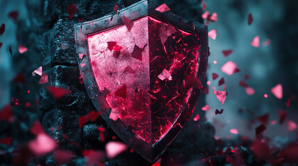 futuristic digital interface displays a shield broken into pie-like segments, symbolizing vulnerability, division, or protection being fragmented. A sleek design with glowing elements enhances the con