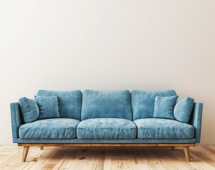 A light blue velvet sofa with wooden legs. situated against a plain white wall. with wooden floorboards. in a minimalistic living room setting