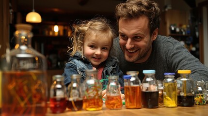A joyful man and girl pose with colorful bottles, showcasing a playful atmosphere filled with creativity and experimentation.