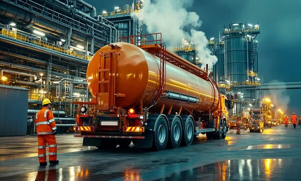 A large orange tanker truck is parked in an industrial area, surrounded by machinery and emitting steam, highlighting the operations of a manufacturing facility.