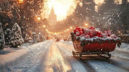 Red Sleigh Overflowing with Gifts and Candy Canes, Radiating Holiday Celebration