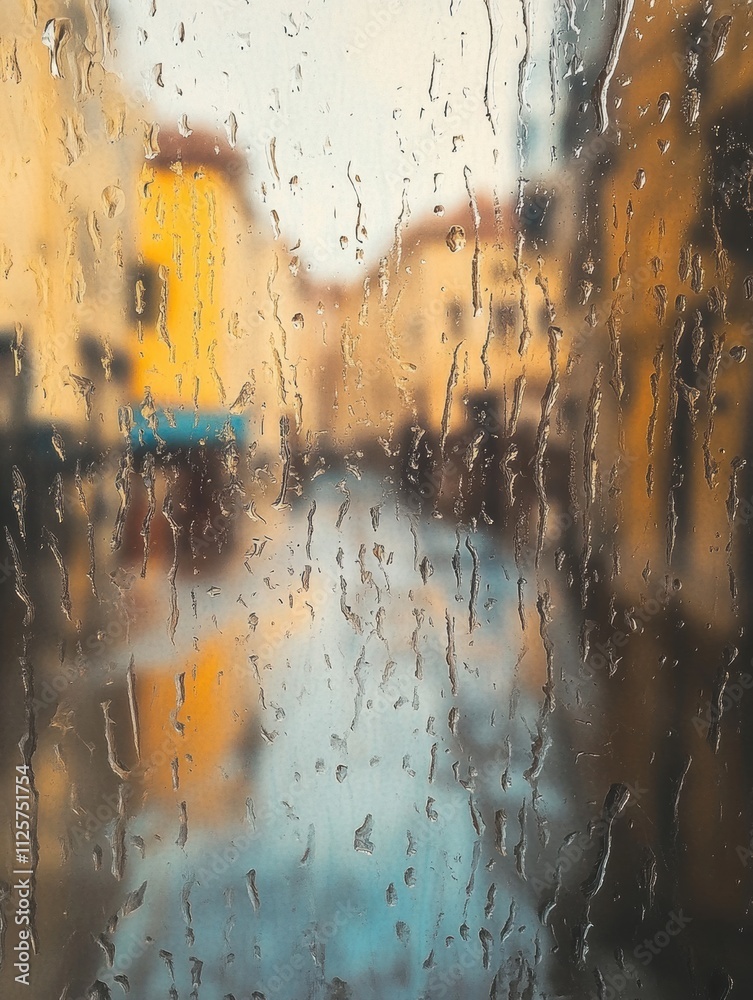 Leinwandbilder raindrops trickle down a window, revealing a serene empty street bathed in soft light, inviting a mo
