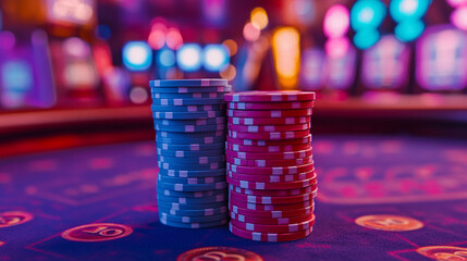 stacked poker chips in various colors, symbolizing risk, strategy, and chance. The blurred casino background evokes the allure and excitement of gambling and high-stakes play